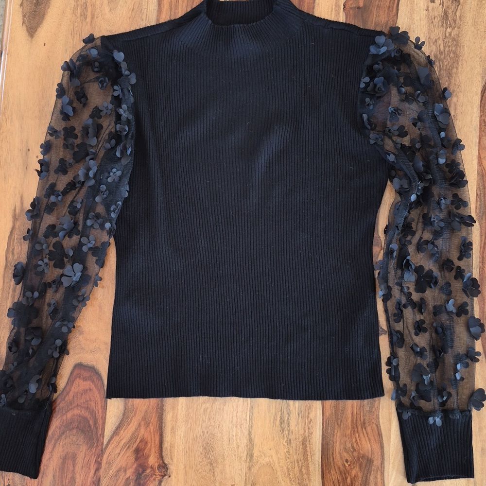 Almost Famous, Ribbed, Mock Sweater, with 3D Floral Mesh Sleeves - Picture 10 of 16